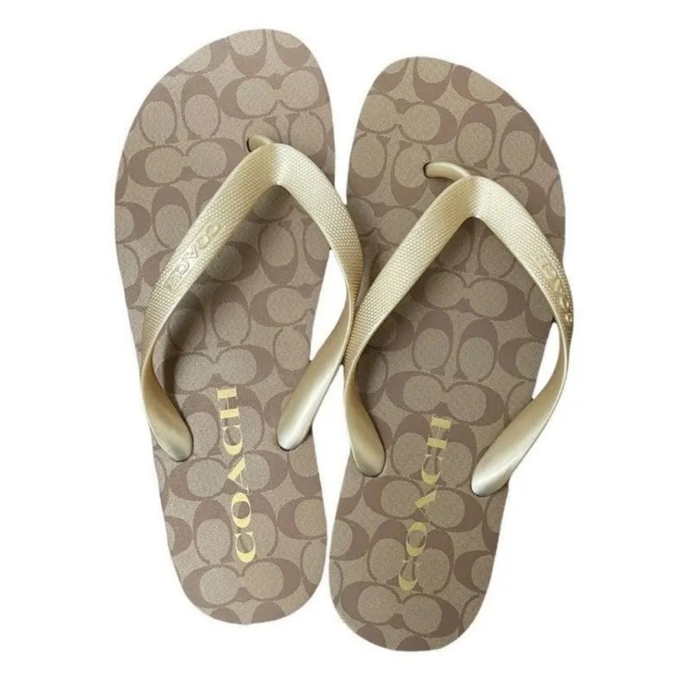 Coach Brown Signature Flip Flop Sandals with Gold Straps